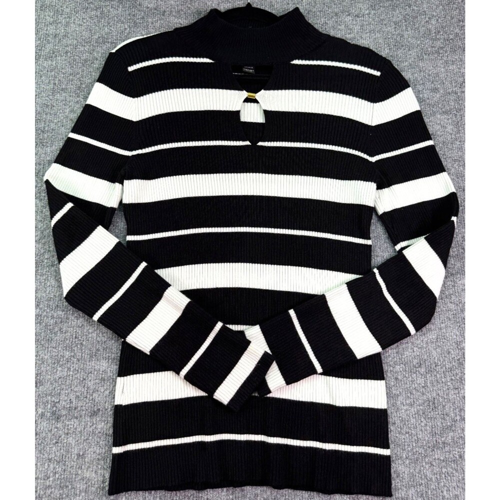 INC International Concepts Women’s XL Black White Stripe Ribbed Sweater Keyhole